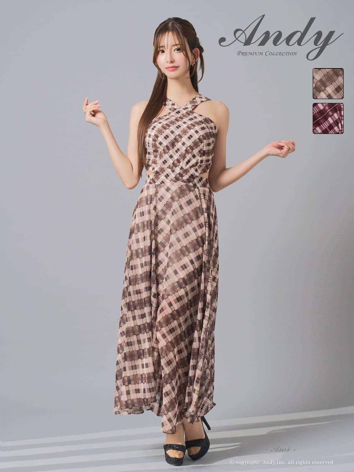キャバドレス Andy チェック柄 ホルターネック ウエストカット シフォン Aラインロングドレス