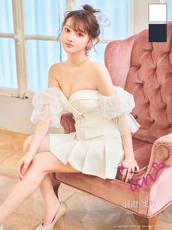 キャバドレス an 2way オフショルダー ベアトップ チュールスリーブ ビジュー ウエストベルト プリーツ フレアミニドレス