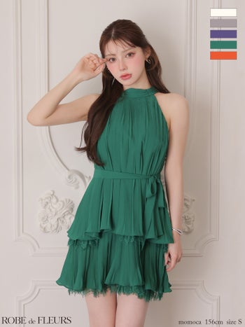 キャバドレス ROBEdeFLEURS ローブドフルール シフォン ホルターネック ウエストリボン ワンカラー プリーツ フレアミニドレス