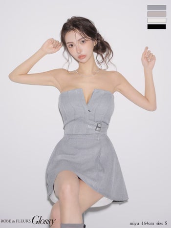 キャバドレス Glossy by ROBE de FLEURS グロッシー ベア バストカット セットアップ ベルトデザイン スパンコール ワンカラー フレアミニドレス