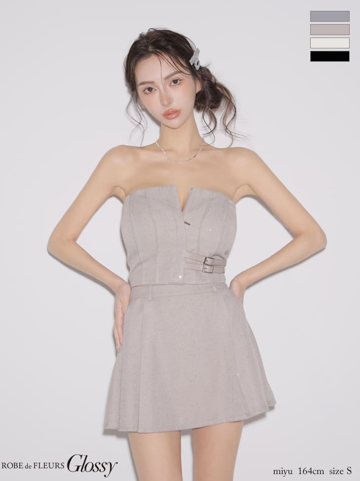 キャバドレス Glossy by ROBE de FLEURS グロッシー バストカット セットアップ ベルトデザイン スパンコール ワンカラー ベア フレアミニドレス