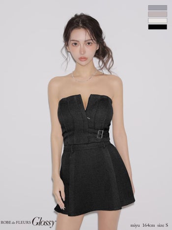 キャバドレス Glossy by ROBE de FLEURS グロッシー ベルトデザイン スパンコール ワンカラー ベア バストカット セットアップ フレアミニドレス