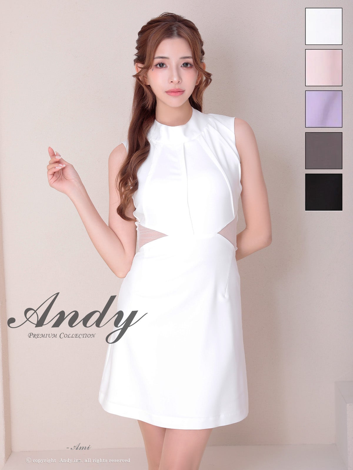 キャバドレス　Andy ハイネック ノースリーブ 背中開き リボン くびれ透け ワンカラー フレアミニドレス