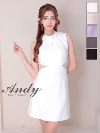 キャバドレス　Andy ハイネック ノースリーブ 背中開き リボン くびれ透け ワンカラー フレアミニドレス