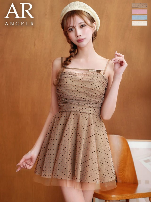 キャバドレス Angel R エンジェルアール  シアー リボン チュール フェミニン キャミソール ドット柄 フレアミニドレス