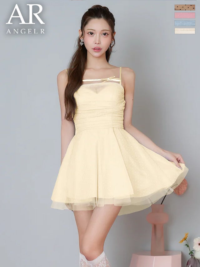 キャバドレス Angel R エンジェルアール シアー キャミソール ドット柄 リボン チュール フェミニン フレアミニドレス