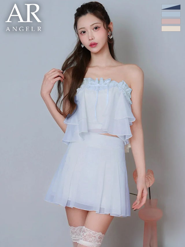 キャバドレス Angel R エンジェルアール リボン ベアトップ シフォン フリル セットアップ シアー フェミニン フレアミニドレス 
