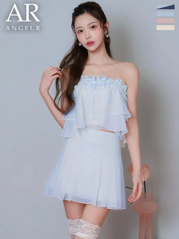 キャバドレス Angel R エンジェルアール リボン ベアトップ シフォン フリル セットアップ シアー フェミニン フレアミニドレス 