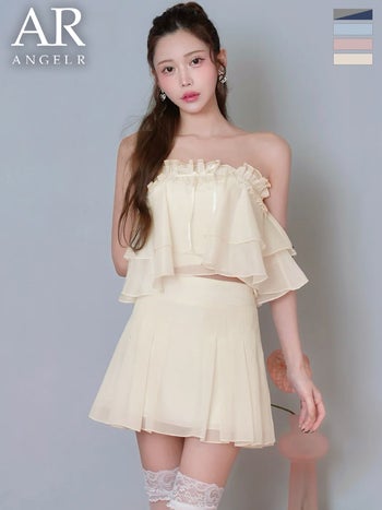 キャバドレス Angel R エンジェルアール リボン セットアップ シアー ベアトップ シフォン フリル フェミニン フレアミニドレス