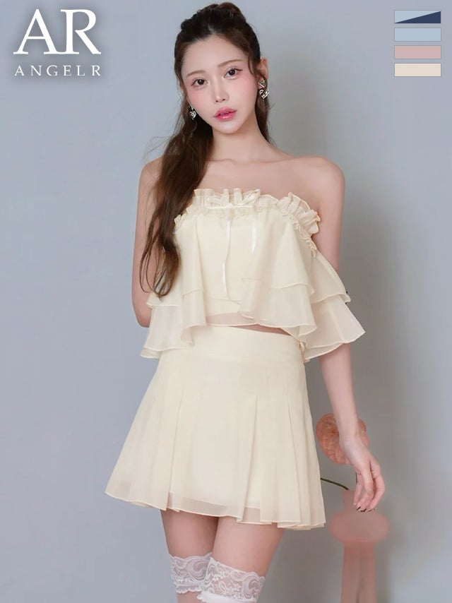 キャバドレス Angel R エンジェルアール リボン セットアップ シアー ベアトップ シフォン フリル フェミニン フレアミニドレス