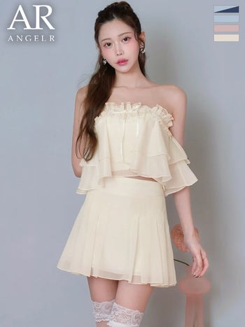 キャバドレス Angel R エンジェルアール リボン セットアップ シアー ベアトップ シフォン フリル フェミニン フレアミニドレス