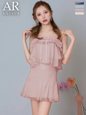 キャバドレス Angel R エンジェルアール ベアトップ セットアップ シアー シフォン リボン フリル フェミニン フレアミニドレス