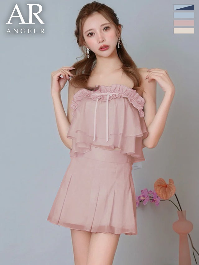 キャバドレス Angel R エンジェルアール ベアトップ セットアップ シアー シフォン リボン フリル フェミニン フレアミニドレス