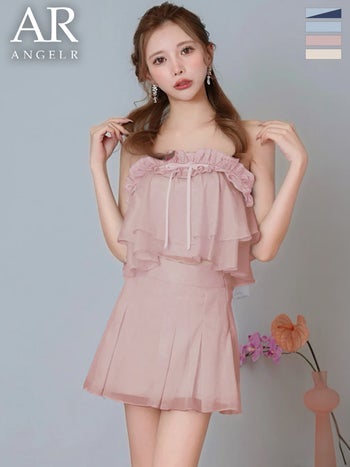 キャバドレス Angel R エンジェルアール ベアトップ セットアップ シアー シフォン リボン フリル フェミニン フレアミニドレス
