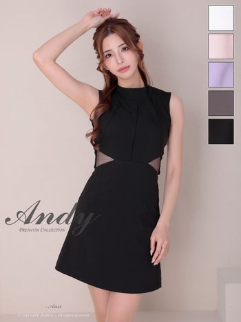 キャバドレス Andy ワンカラー 背中開き ハイネック ノースリーブ リボン くびれ透け フレアミニドレス