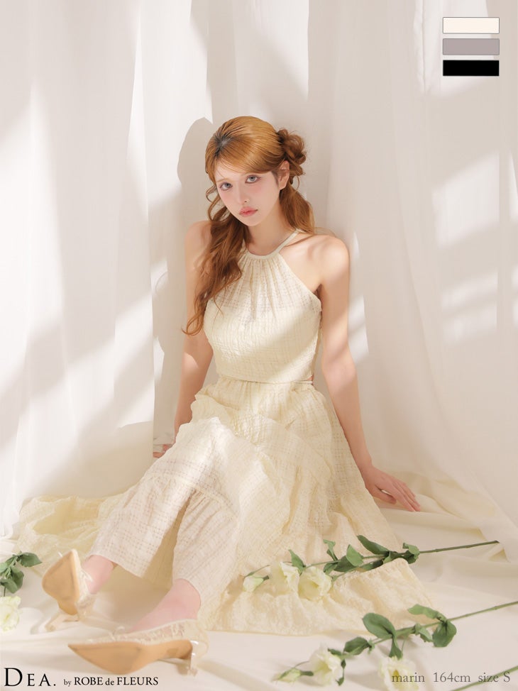 キャバドレス DEA. ROBE de FLEURS ディア ローブドフルール  ホルターネック バックカット チェック柄 ティアード エレガント Aラインロングドレス