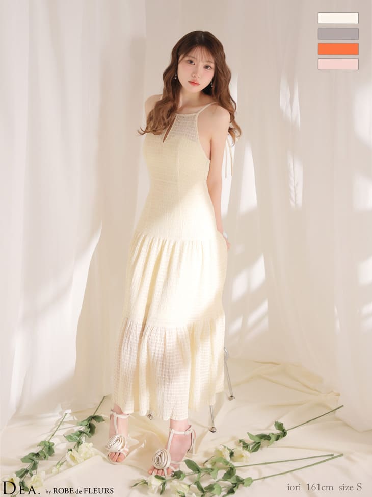 キャバドレス DEA.by ROBE de FLEURS ディア キャミソール リボン バストカット バックオープン ギャザーシフォン Aラインロングドレス