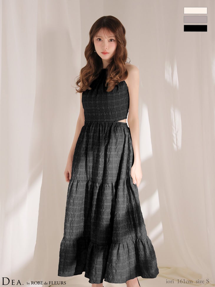 キャバドレス DEA. ROBE de FLEURS ディア ローブドフルール ホルターネック ティアード エレガント バックカット チェック柄 Aラインロングドレス 