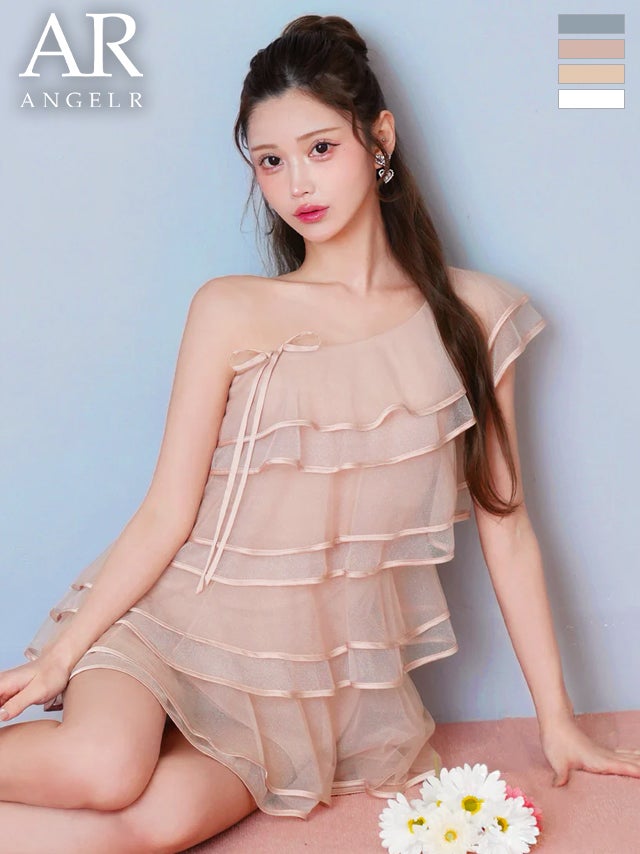 キャバドレス Angel R エンジェルアール ワンショルダー ティアードフリル チュール サテン リボン シフォン フレアミニドレス