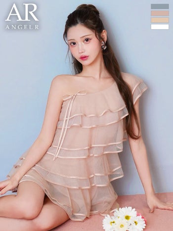 キャバドレス Angel R エンジェルアール ワンショルダー ティアードフリル チュール サテン リボン シフォン フレアミニドレス