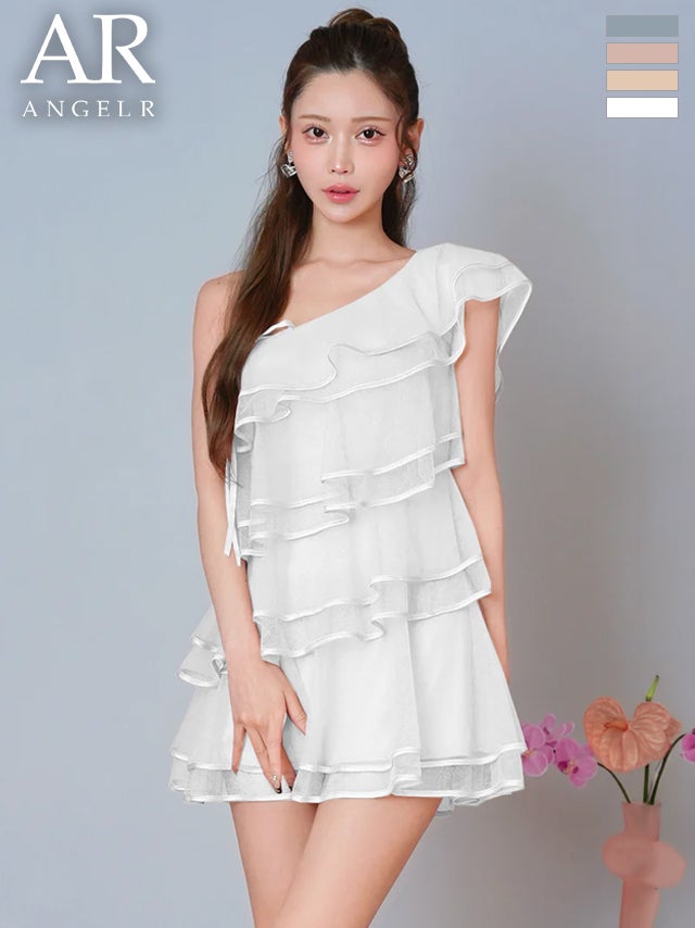 キャバドレス Angel R エンジェルアール シフォン リボン ワンショルダー チュール ティアードフリル サテン フレアミニドレス
