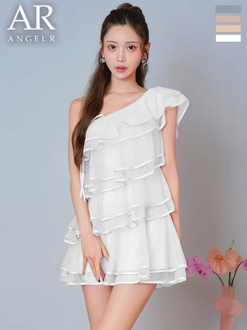 キャバドレス Angel R エンジェルアール シフォン リボン ワンショルダー チュール ティアードフリル サテン フレアミニドレス