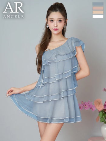 キャバドレス Angel R エンジェルアール ティアードフリル サテン シフォン リボン ワンショルダー チュール フレアミニドレス