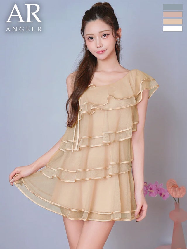 キャバドレス Angel R エンジェルアール シフォン ティアードフリル サテン リボン ワンショルダー チュール フレアミニドレス