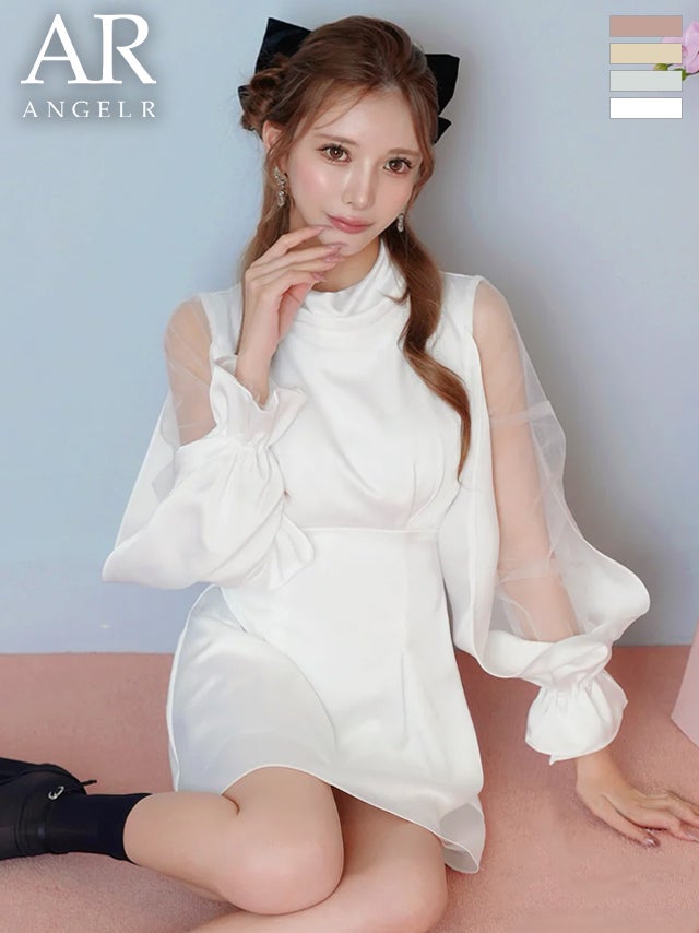 キャバドレス Angel R エンジェルアール 長袖 ショルダーカット ハイネック バックリボン サテン フレアミニドレス