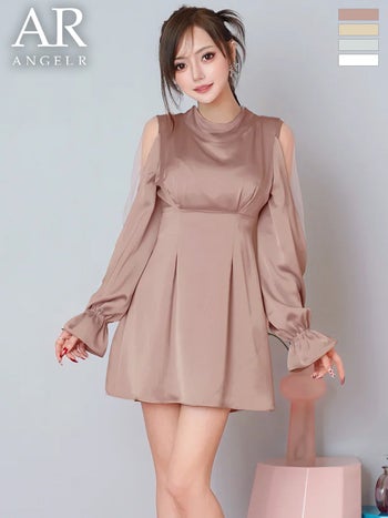 キャバドレス Angel R エンジェルアール バックリボン サテン 長袖 ショルダーカット ハイネック フレアミニドレス