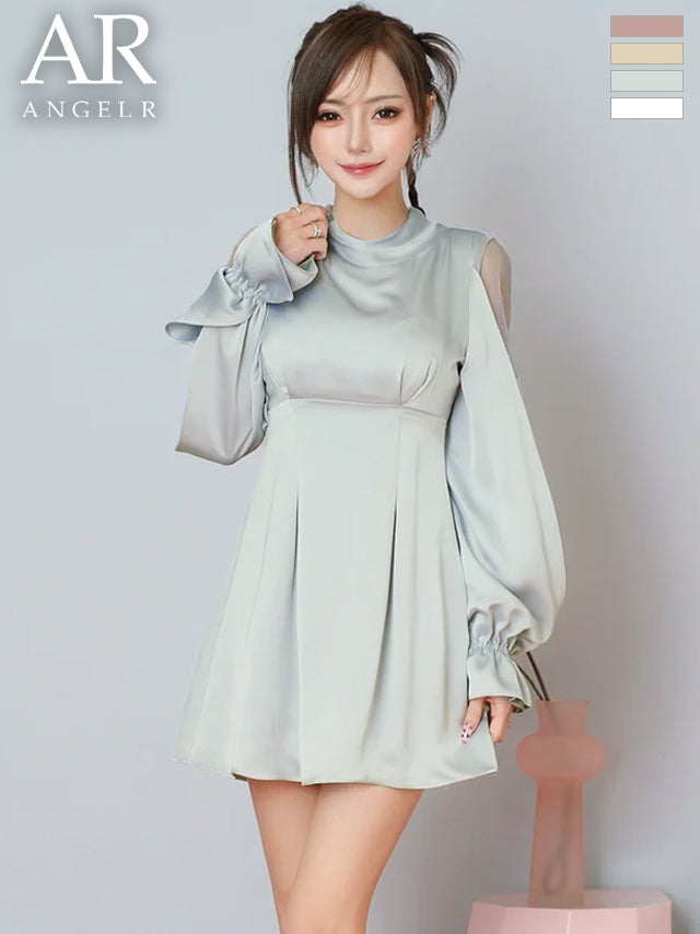 キャバドレス Angel R エンジェルアール ハイネック サテン バックリボン 長袖 ショルダーカット フレアミニドレス