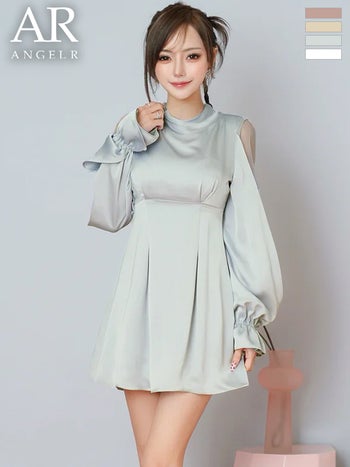 キャバドレス Angel R エンジェルアール ハイネック サテン バックリボン 長袖 ショルダーカット フレアミニドレス
