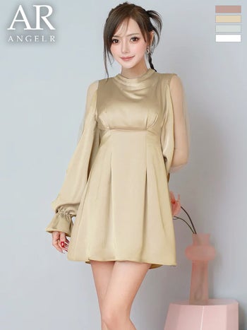 キャバドレス Angel R エンジェルアール サテン バックリボン 長袖 ハイネック ショルダーカット フレアミニドレス