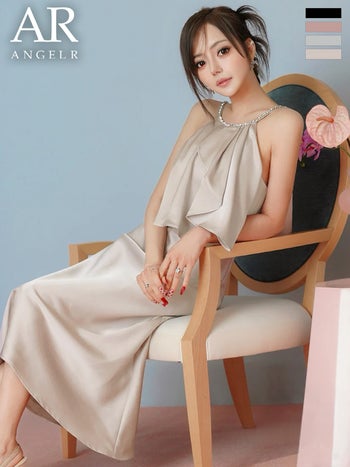 キャバドレス Angel R エンジェルアール ビジュー ホルターネック ドレープフリル リボン サテン フレアロングドレス