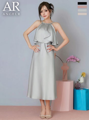 キャバドレス Angel R エンジェルアール ビジュー サテン ドレープフリル リボン ホルターネック フレアロングドレス