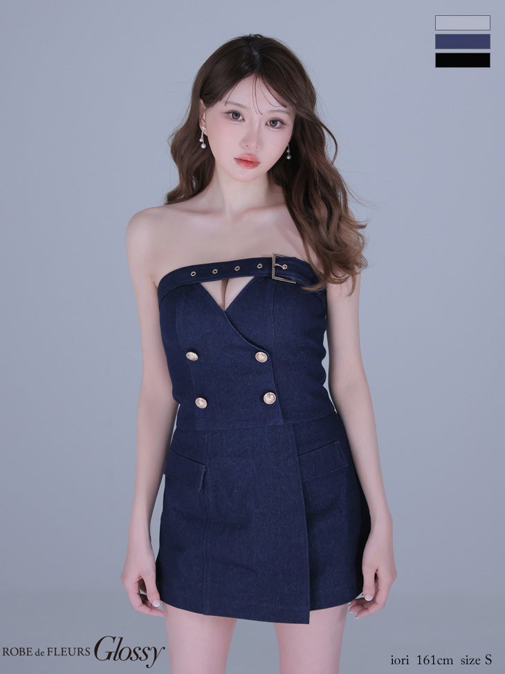 キャバドレス Glossy ROBE de FLEURS グロッシー ローブドフルール セットアップ トレンチ ベルトデザイン ベアトップ デニム フレアミニドレス 