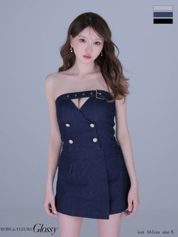 キャバドレス Glossy ROBE de FLEURS グロッシー ローブドフルール セットアップ トレンチ ベルトデザイン ベアトップ デニム フレアミニドレス 