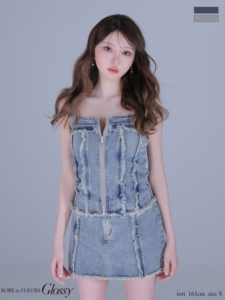 キャバドレス Glossy ROBE de FLEURS グロッシー ローブドフルール デニム セットアップ ノースリーブ フリンジ ジップデザイン モード タイトミニドレス 