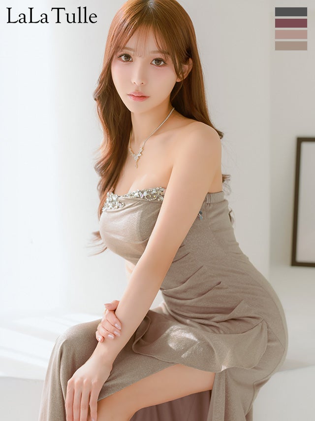 キャバドレス Angel R エンジェルアール ベアトップ キャミソール フリル ラッフルデザイン スリット ビジュー ラメ ビジュー タイトロングドレス