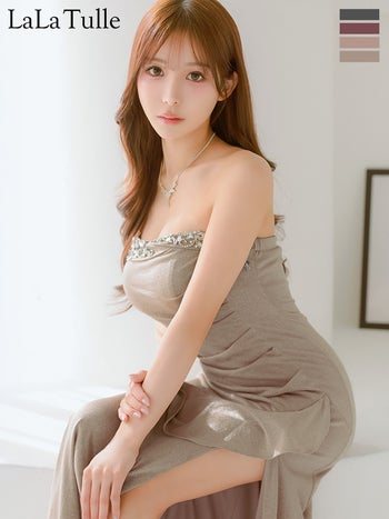 キャバドレス Angel R エンジェルアール ベアトップ キャミソール フリル ラッフルデザイン スリット ビジュー ラメ ビジュー タイトロングドレス