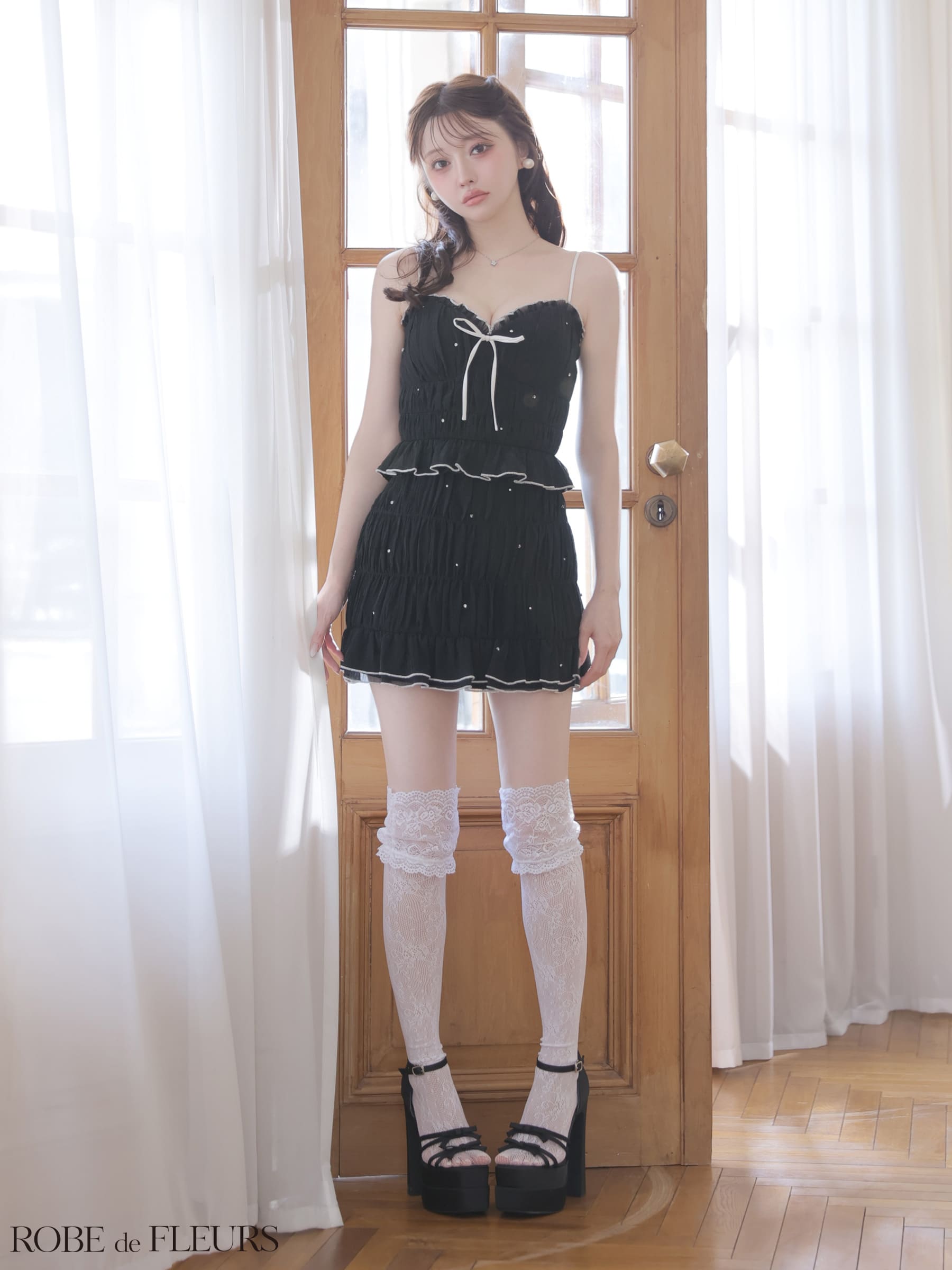 わ*ん様 ROBEdeFLEURSビジューラメシフォンリボンセットアップミニキャ 予約商品【10月中旬入荷予定】【ROBEdeFLEURS/ローブドフルール