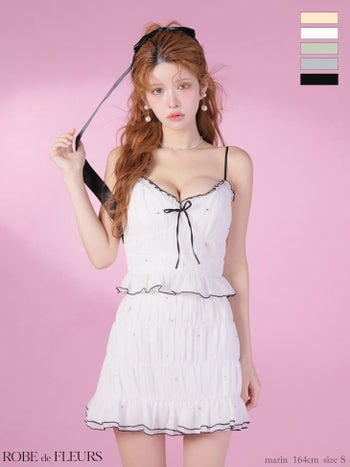 キャバドレス ROBEdeFLEURS ローブドフルール リボン ビジュー ラメシフォン フリル セットアップ キャミソール フレアミニドレス