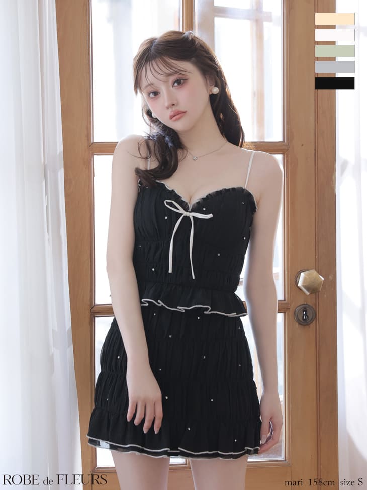 キャバドレス ROBEdeFLEURS ローブドフルール フリル セットアップ キャミソール リボン ビジュー ラメシフォン フレアミニドレス