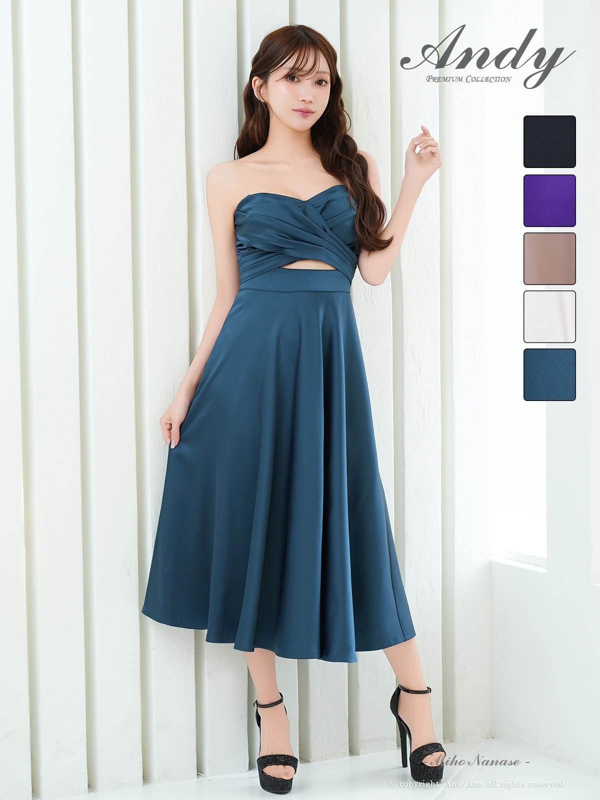 キャバドレス Andy ウエストカット クロスデザイン ベアトップ ミモレ丈 Aラインロングドレス