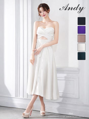 キャバドレス Andy ウエストカット ベアトップ クロスデザイン ミモレ丈 Aラインロングドレス