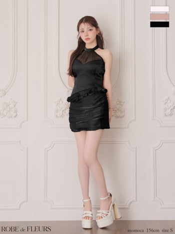 キャバドレス ROBEdeFLEURS ローブドフルール セットアップ サテン フリルレイヤード ラメシフォン ホルターネック タイトミニドレス