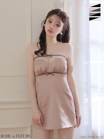 キャバドレス ROBEdeFLEURS ローブドフルール オーガンジー リボン ベアトップ サテン ギャザー タイトミニドレス 