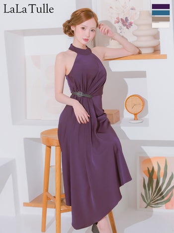 キャバドレス Veautt ヴュート ホルターネック ウエストベルト アシンメトリー ワンカラー タック 膝丈ドレス