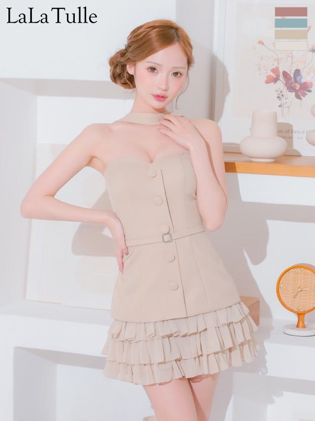 キャバドレス Angel R エンジェルアール 2way ベアトップ ボタン ウエストベルト フリル チョーカーデザイン フレアミニドレス