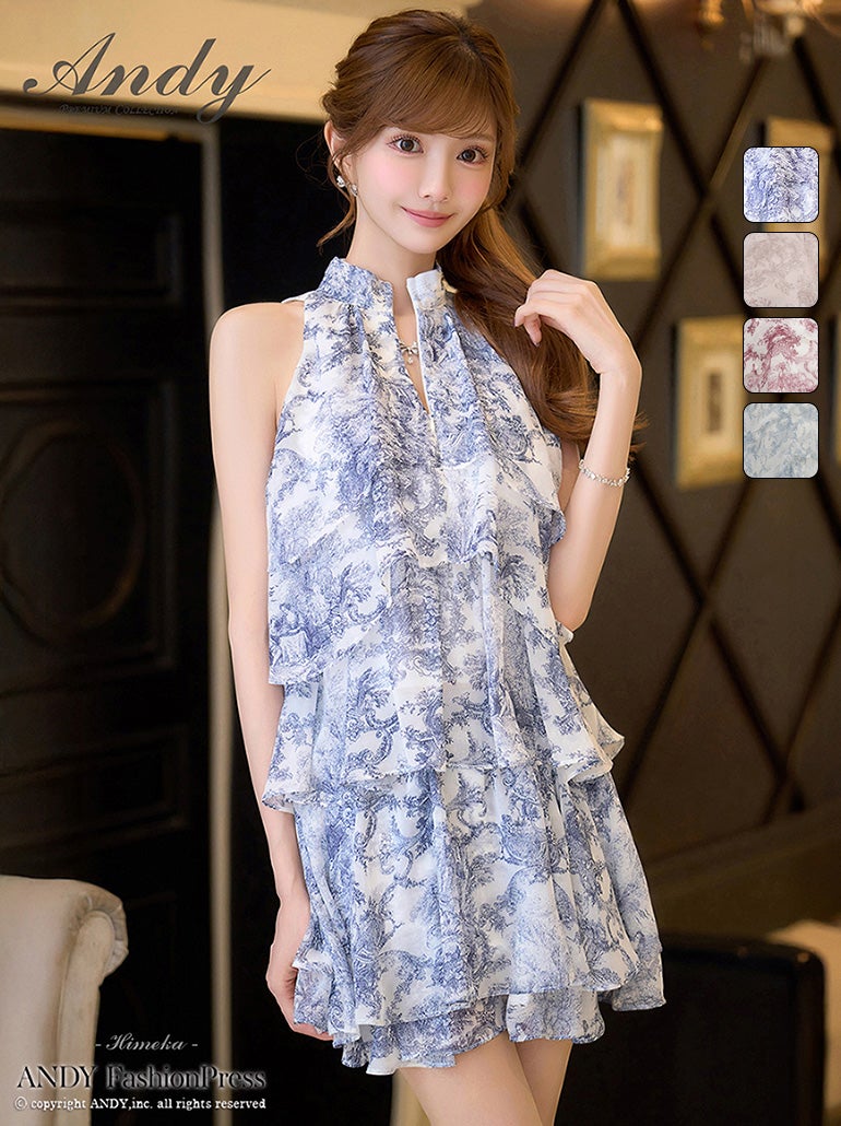 キャバドレス Andy ノースリーブ セットアップ ティアード フリル シフォン アメリカンスリーブ フレアミニドレス